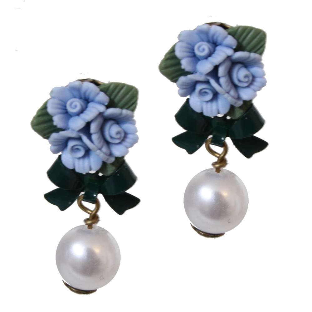 Stud Earrings with Light Blue Roses & Pearl